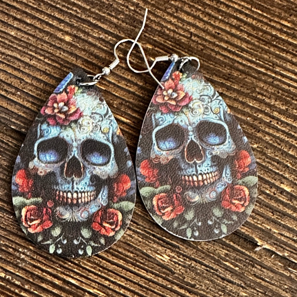 Earrings Skull face tear drop dangle blue multi color dangle pierced